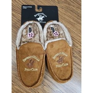 Beverly hills Polo Club Men's Slippers Size Large Faux Fur Lined Brown Gold NWT